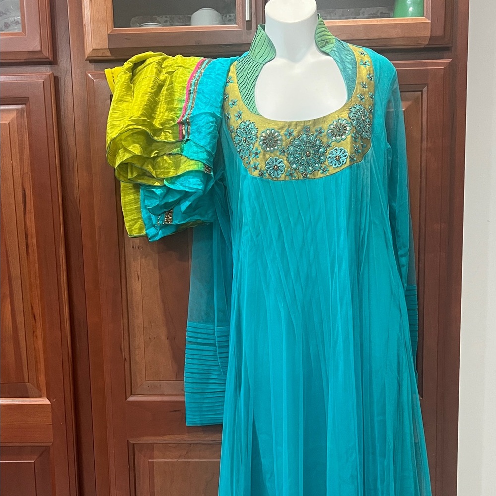 Salwar Kameez Teal and Yellow Long Sleeve Dress